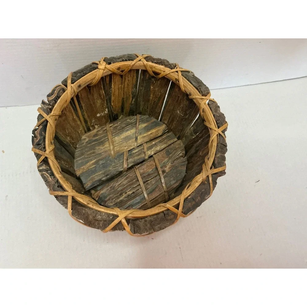 Vintage Bark Wood Basket Rustic Round Planter Brown Cabin Decor 8.5in